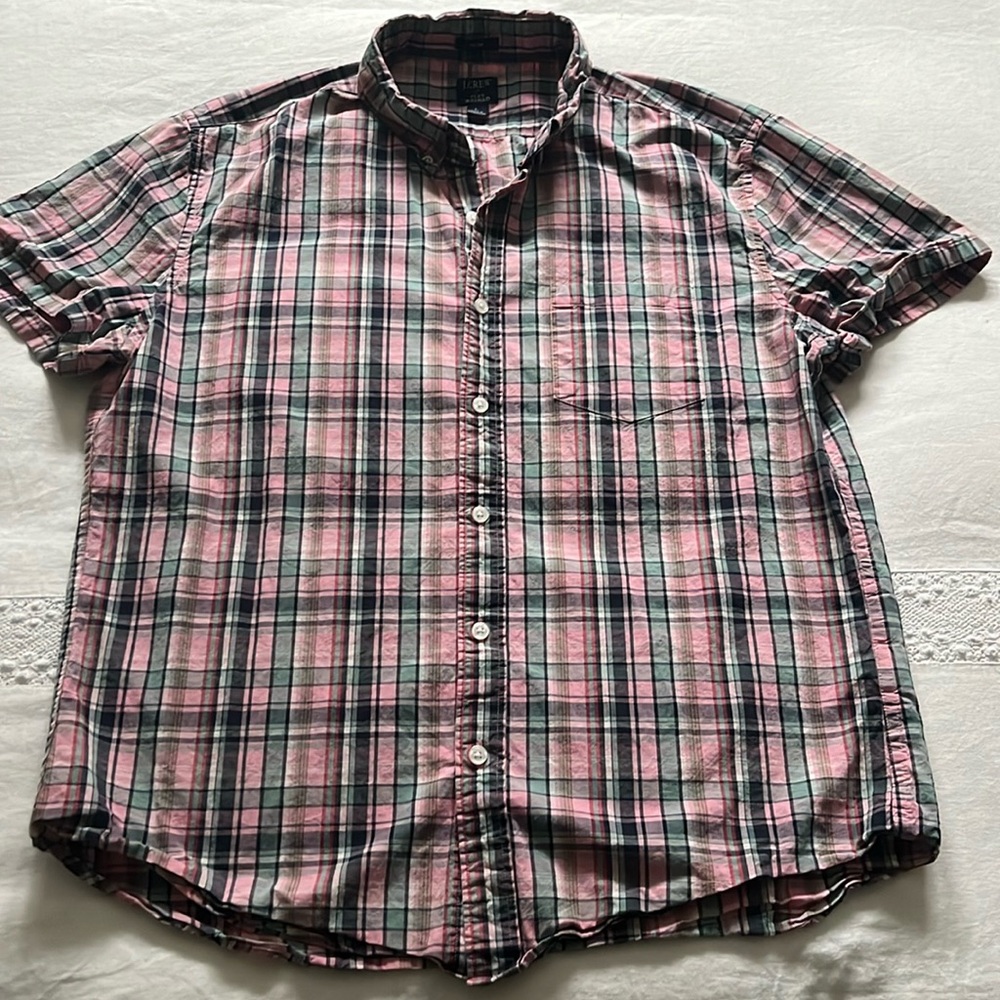 J. Crew blue, pink & green plaid cotton button down slim flex shirt, size Large